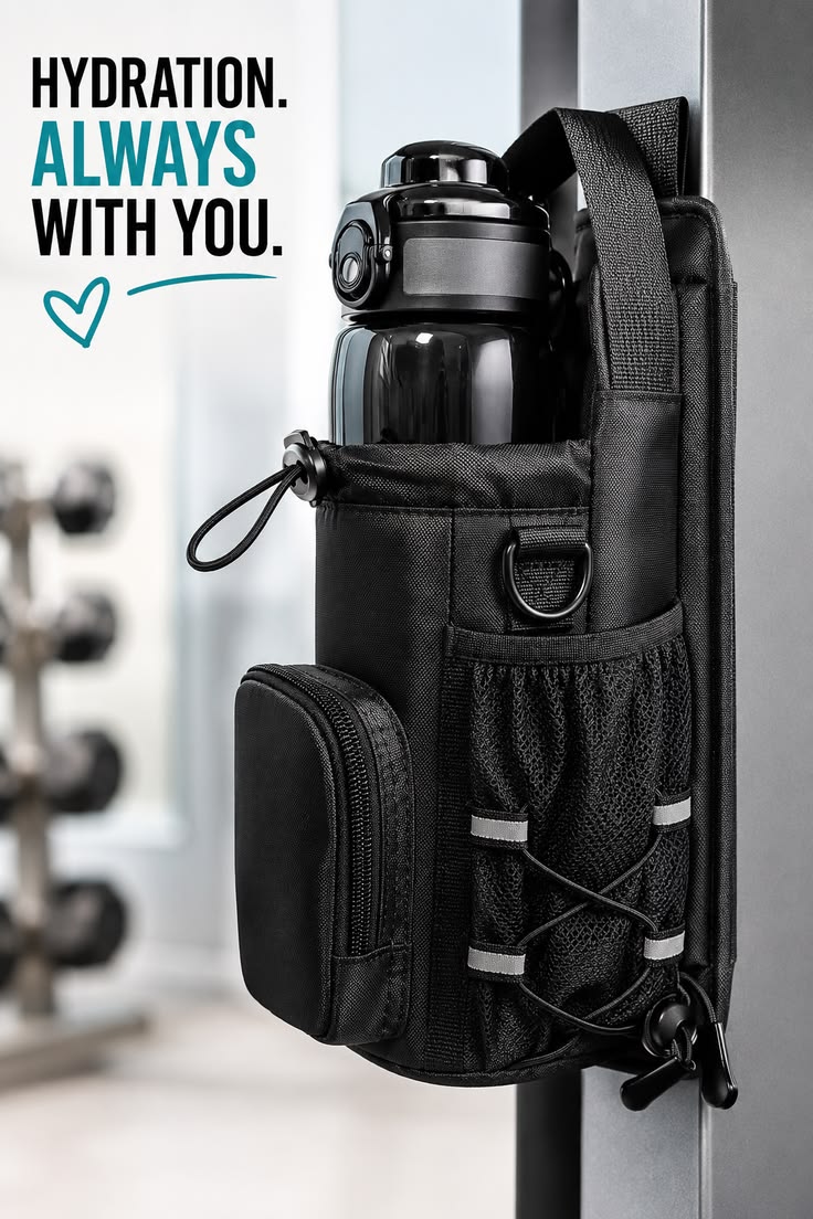 Magnetic Water Bottle Holder Gym Water Bottle Carrier Bag W/ Phone Pocket Handle Shoulder Strap 6 Built-In Magnets Water Bottle